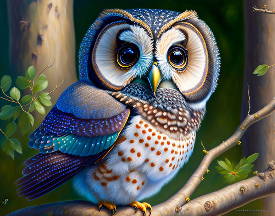 Colorful Owl Illustration Perched on Branch with Expressive Eyes