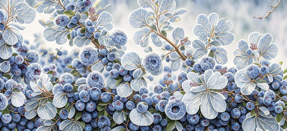 Frozen Blueberries and Ice Crystal Patterns on Branches with Soft Background