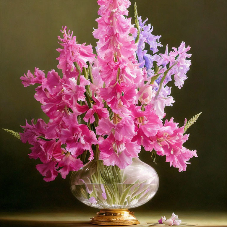 Pink Gladiolus Flowers in Glass Vase on Table