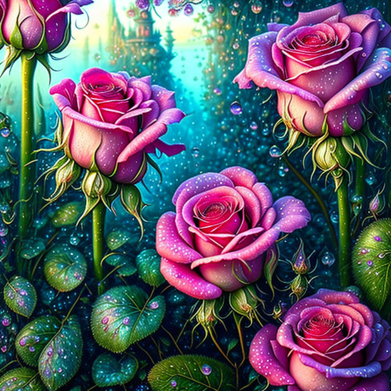 Pink Roses with Dew Drops and Castle Background