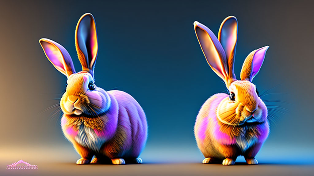 Colorful stylized rabbits with large ears on amber background