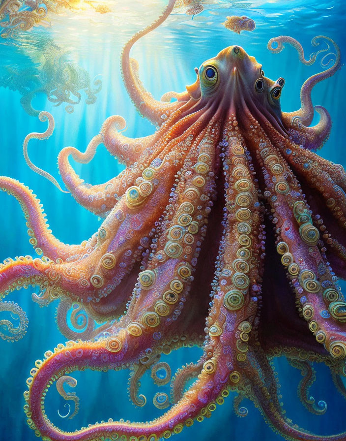 Colorful Octopus Illustration with Detailed Tentacles in Sunlit Underwater Scene