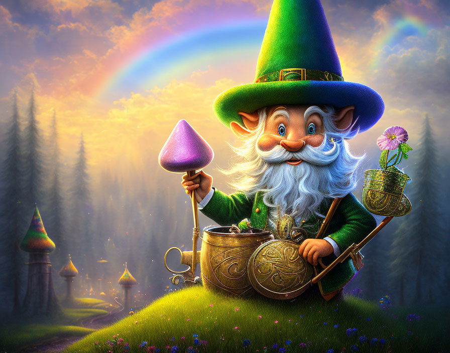 Colorful Gnome with Mushroom and Pot of Coins in Magical Forest