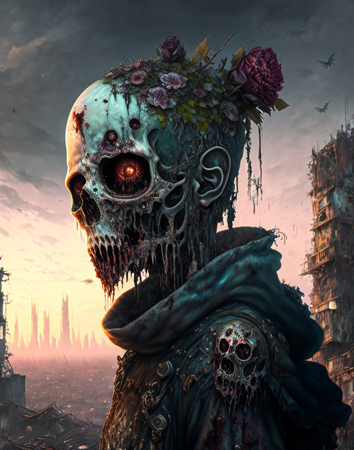 Skull with Flower Crown in Dystopian Setting