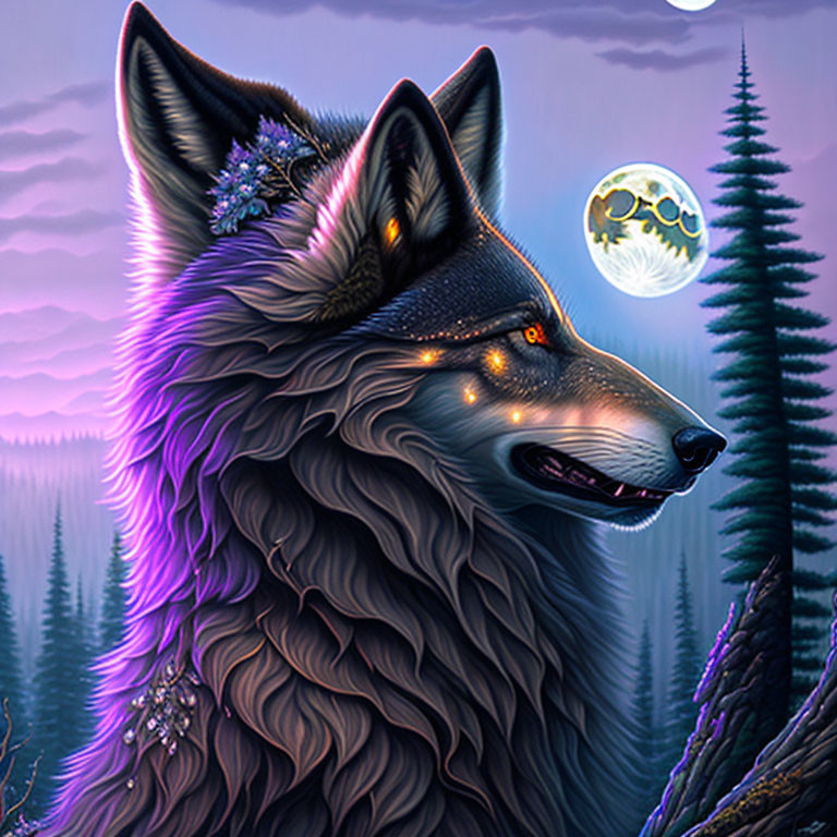 Majestic wolf digital artwork in mystical forest setting