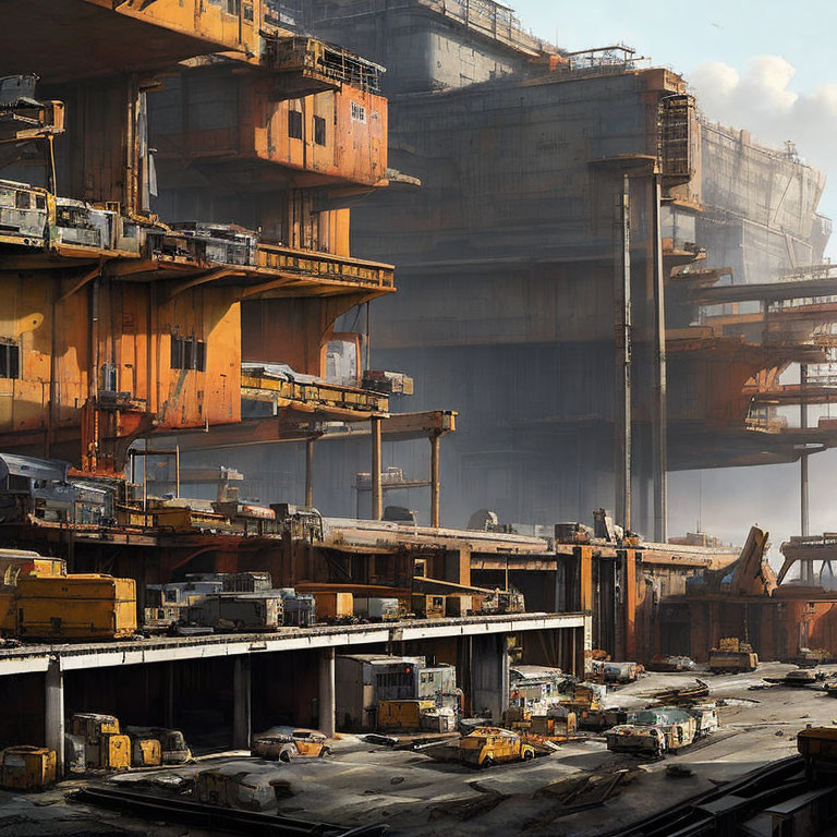 Futuristic industrial scene with towering structures and vehicles in warm-lit haze