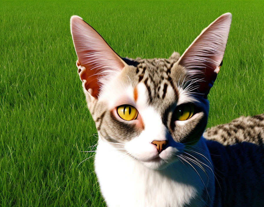 Realistic 3D-rendered cat with large ears and yellow eyes on green grass