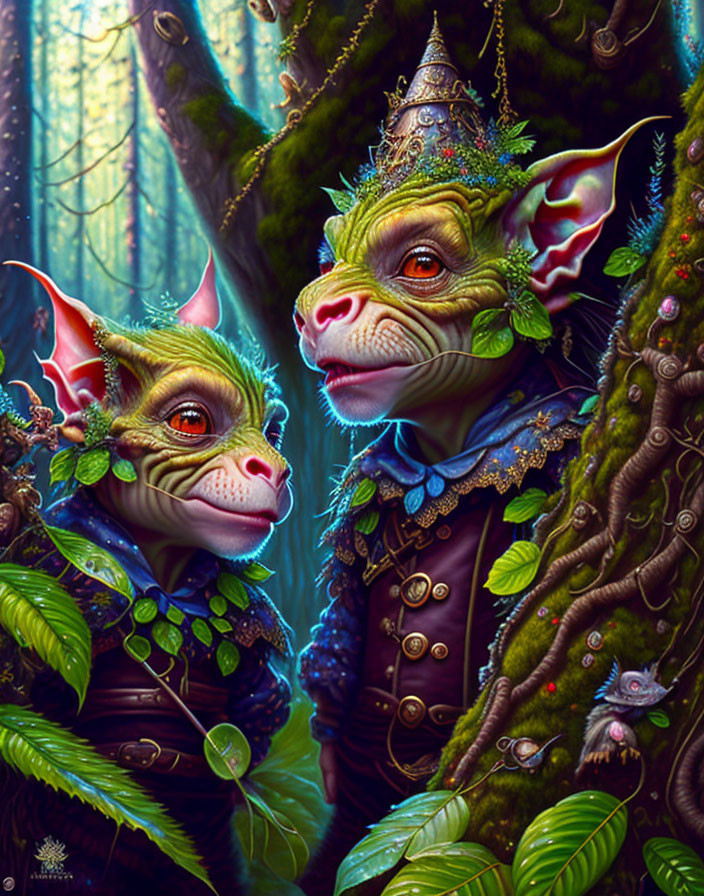 Green-skinned humanoid creatures in ornate clothing in enchanted forest with curious creature.