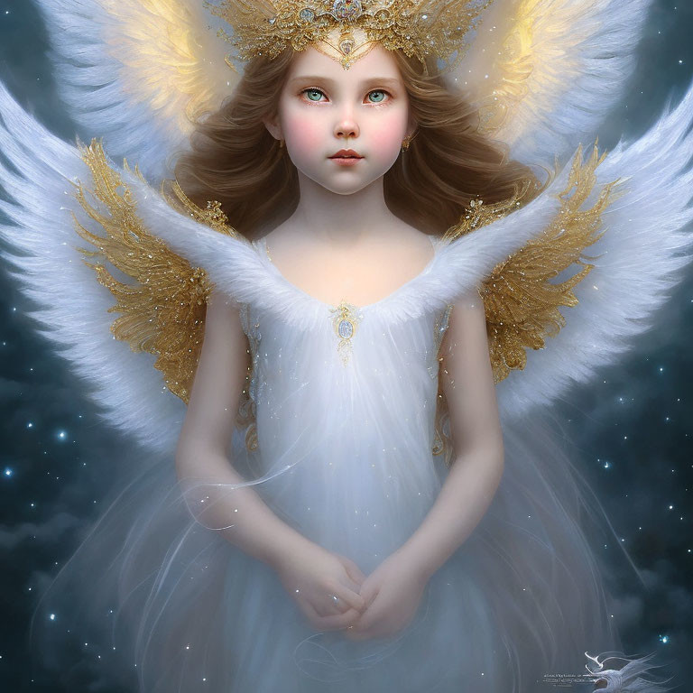 Golden-winged angel in white dress with green eyes on celestial backdrop