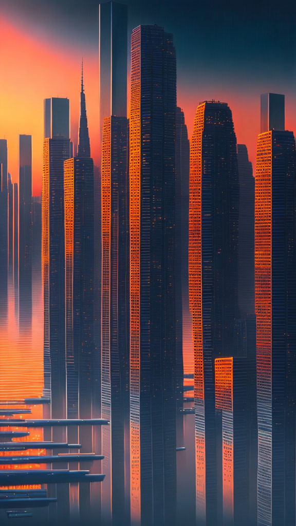 Futuristic red-orange cityscape with skyscrapers reflecting on water