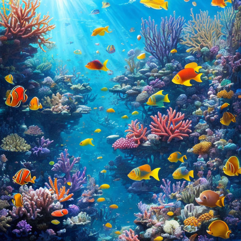 Colorful Tropical Fish and Coral Reefs in Sunlit Underwater Scene