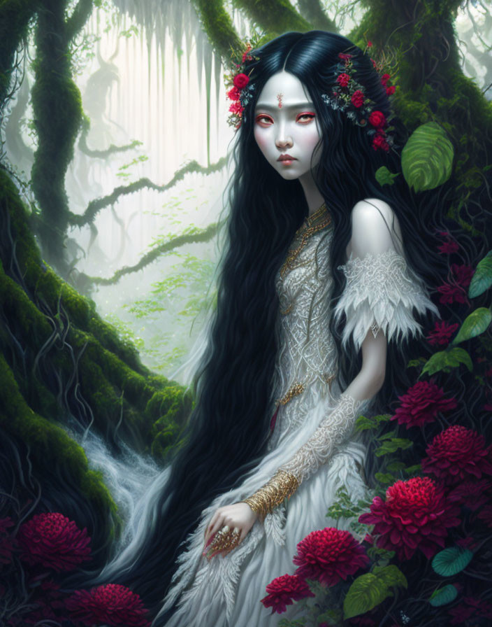 Mystical woman with black hair in foggy forest with red flowers