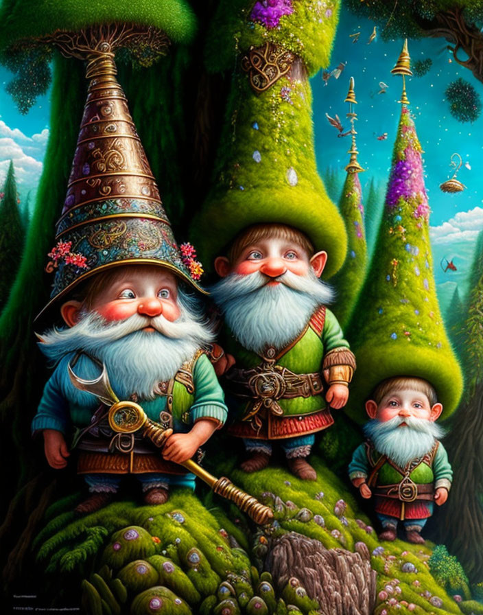 Three long-bearded gnomes in vibrant enchanted forest with moss-covered trees