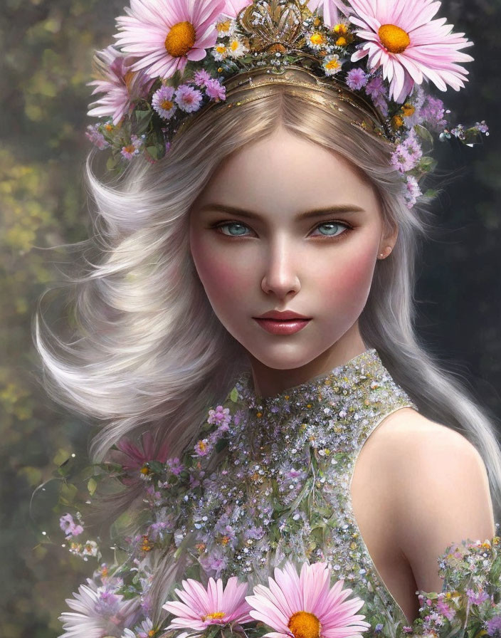 Digital artwork featuring woman with white hair, crown, floral headpiece, blue eyes, and flower dress