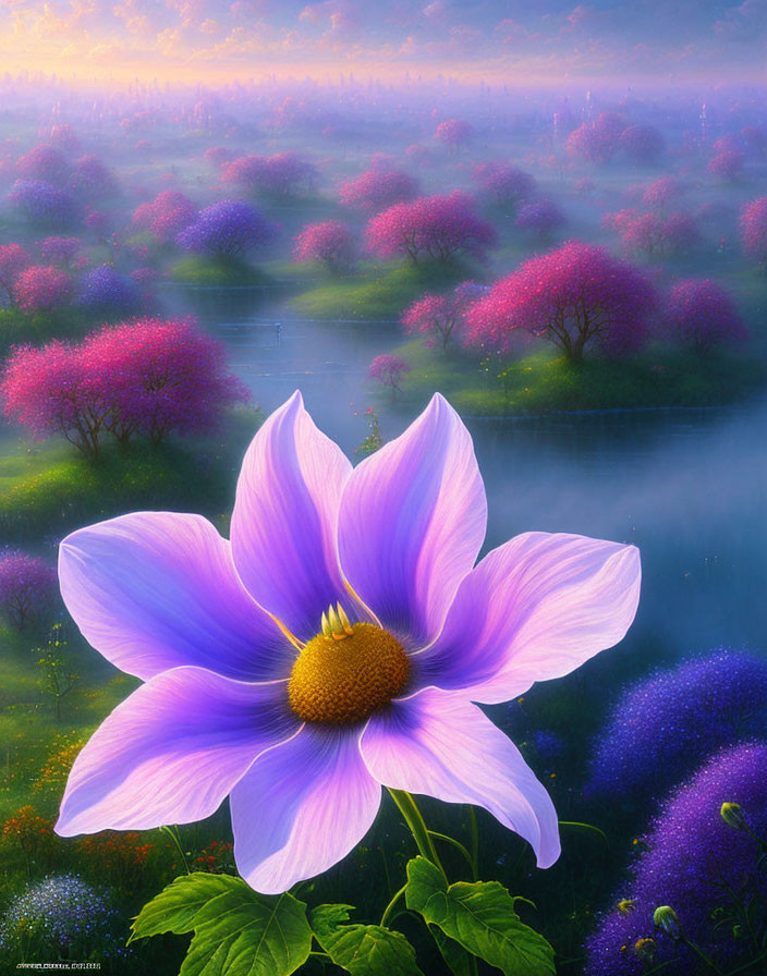 Vibrant purple flower against misty colorful meadow landscape