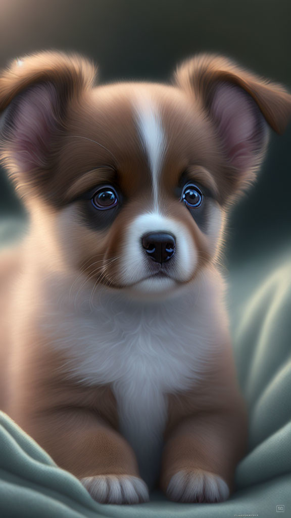 Brown and White Puppy with Blue Eyes in Cozy Blanket