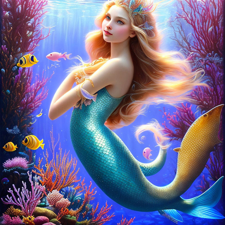 Colorful Mermaid Illustration with Teal Tail in Underwater Scene