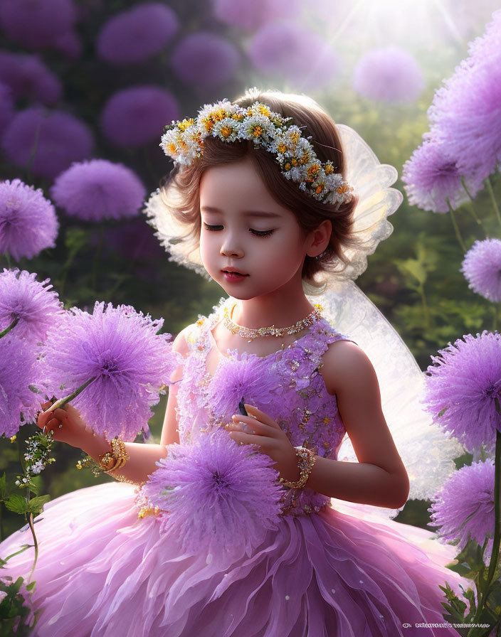 Girl in Purple Fairy Dress with Floral Crown in Dreamy Garden Setting