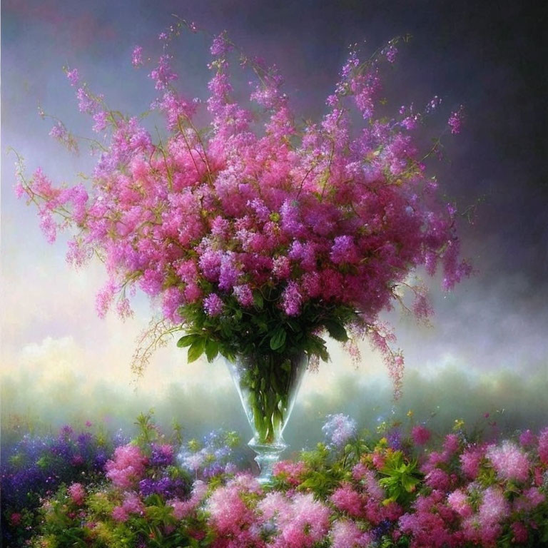 Colorful painting of large pink flower bouquet in clear vase with soft-focus background.