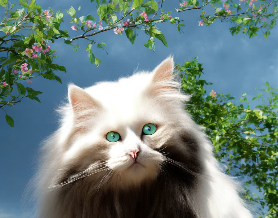 White Cat with Green Eyes under Blossom Tree in Blue Sky