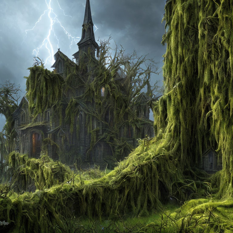 Eerie gothic mansion in dense overgrowth under stormy sky