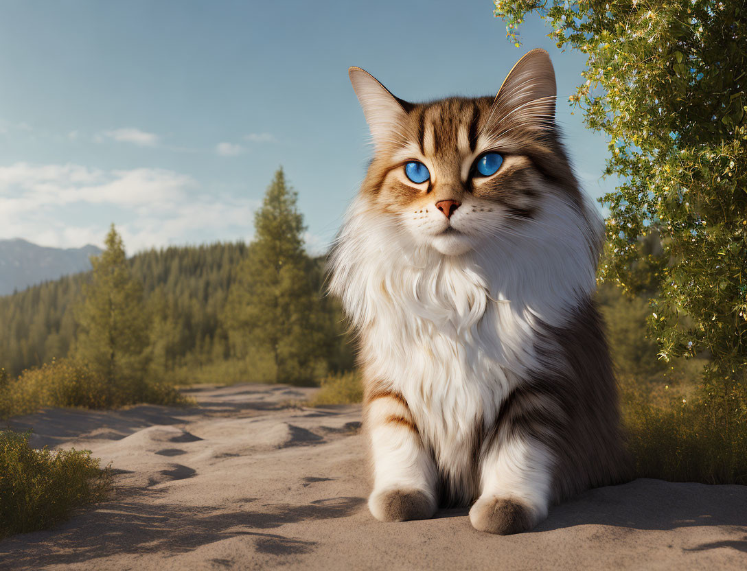 Fluffy Cat with Blue Eyes on Sandy Path with Forest Background