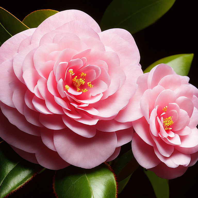 Vibrant pink camellia flowers with green leaves on dark background