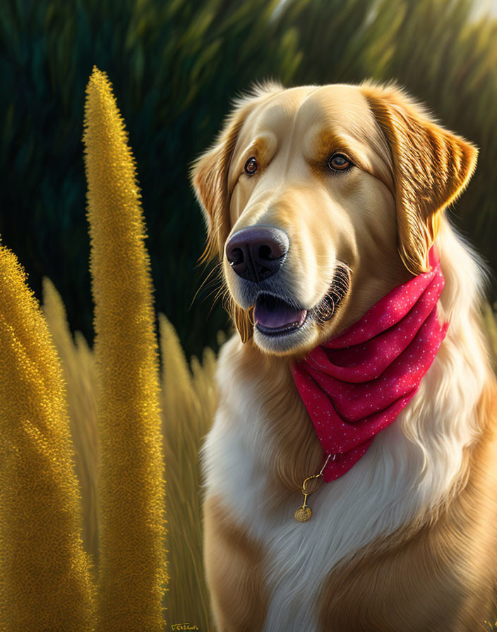 Golden Retriever with Red Bandana in Sunlit Grass