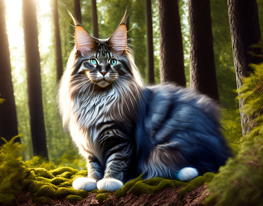 Long-Haired Cat with Unique Fur Patterns in Sunlit Forest