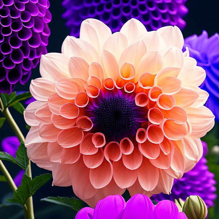 Vibrant pink dahlia with intricate petals and dark center, with blurred purple dahlias.