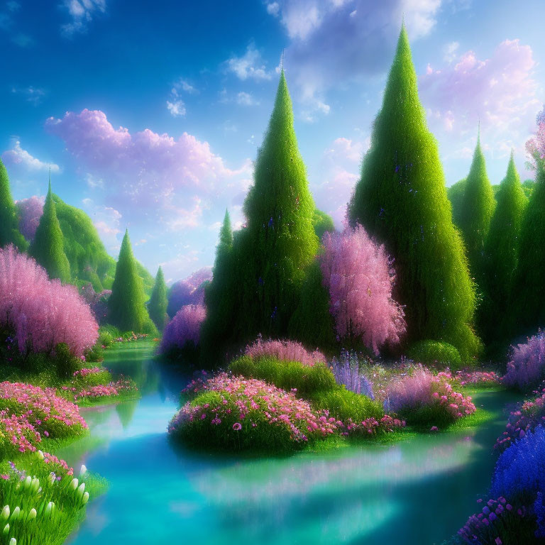 Serene fantasy landscape with vibrant trees, blue river, and colorful plants