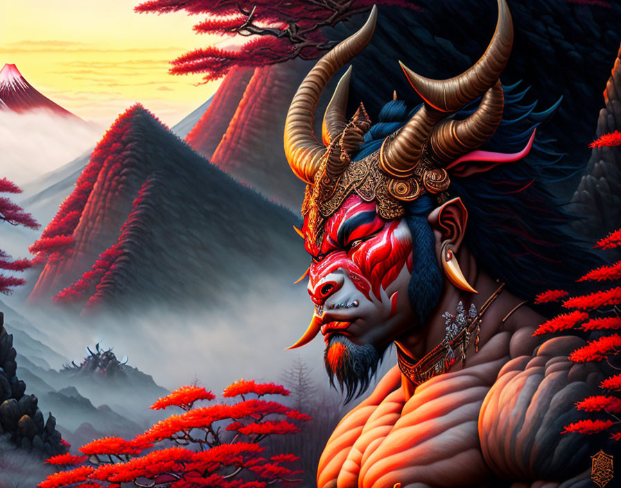 Mythological creature with horns and red face in mountain setting