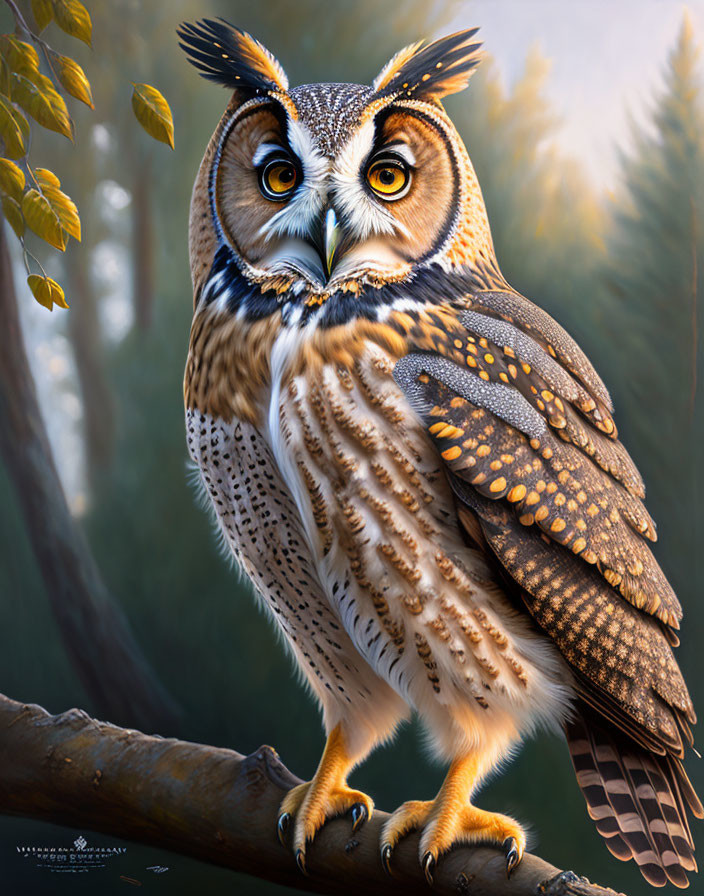 Detailed illustration of majestic owl perched on branch with vibrant eyes and exquisite feathers in forest setting