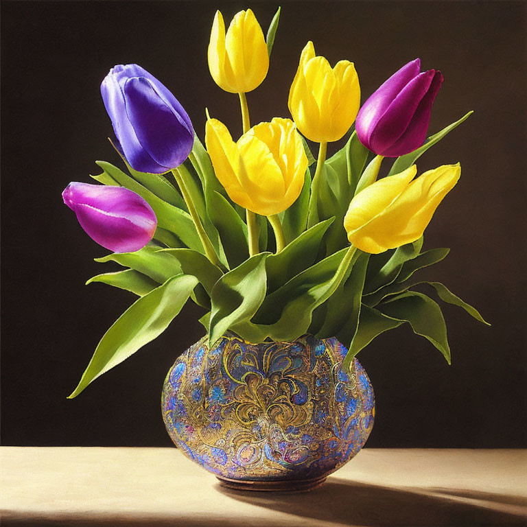 Colorful Purple and Yellow Tulip Bouquet in Blue Vase on Dark Background