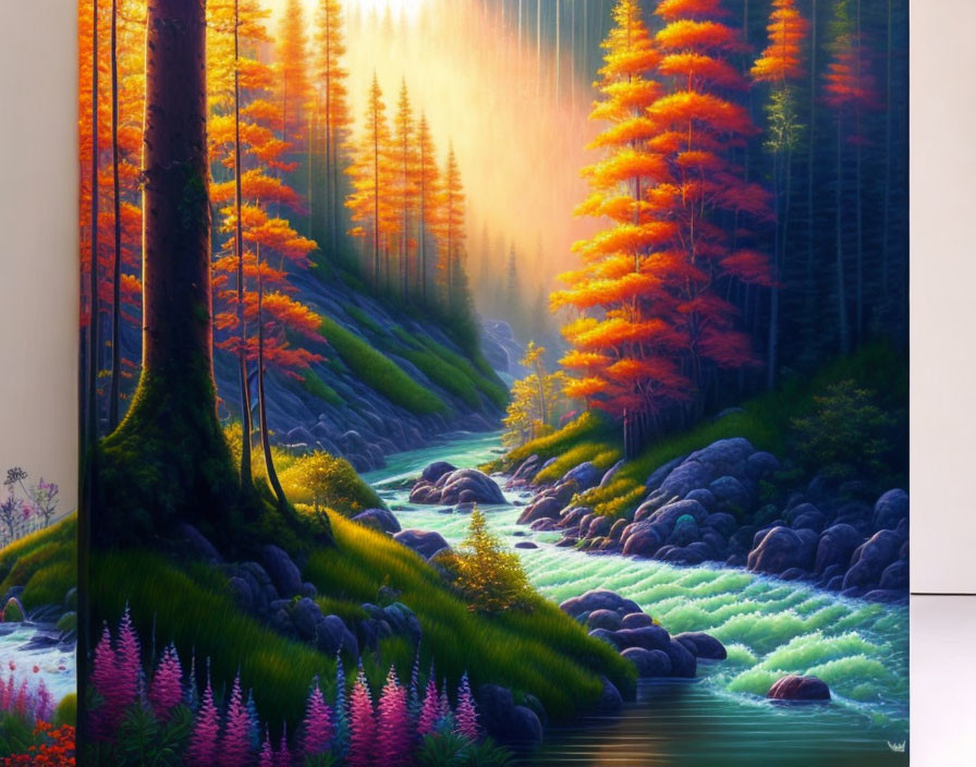 Tranquil autumn river scene with vibrant trees