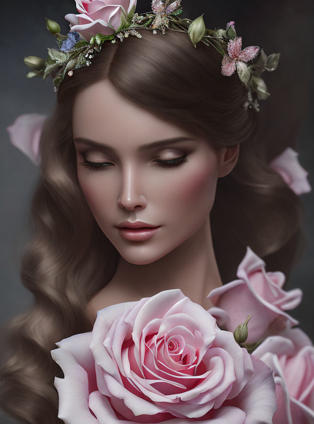 Digital portrait of a woman with closed eyes and floral headpiece among pink roses