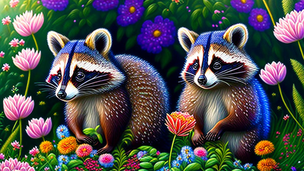 Colorful Floral Background with Vibrant Illustrated Raccoons