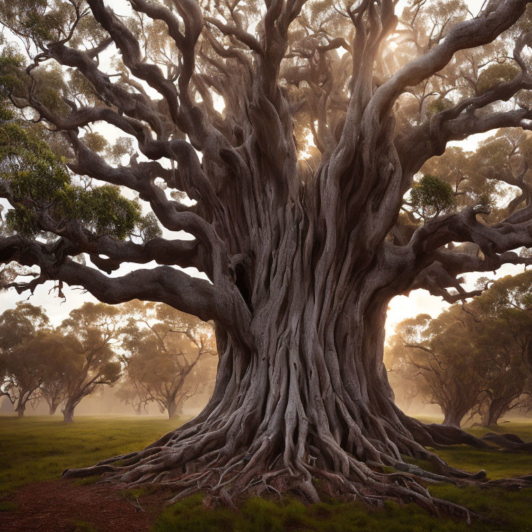 Old tree with massive trunk and sprawling branches in misty forest