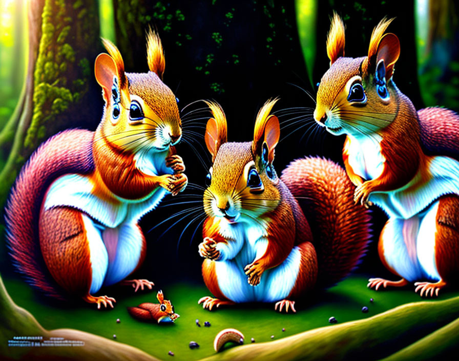 Colorful Forest Scene with Exaggerated Animated Squirrels