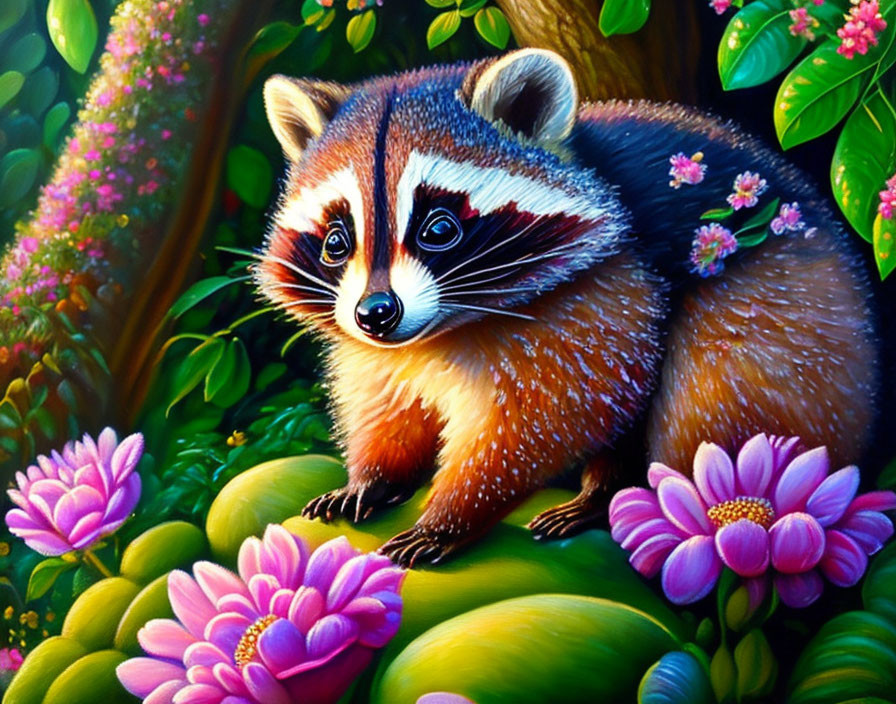 Colorful raccoon painting on green foliage with pink flowers and lush forest background