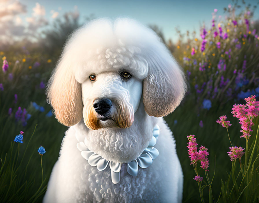 Fluffy white poodle in ruffled collar among colorful wildflowers