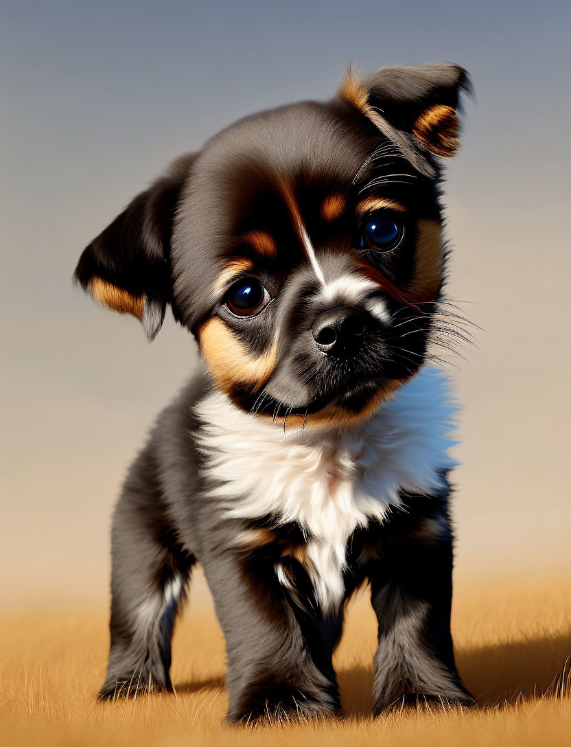 Detailed illustration: Cute black and tan puppy with expressive eyes on warm background