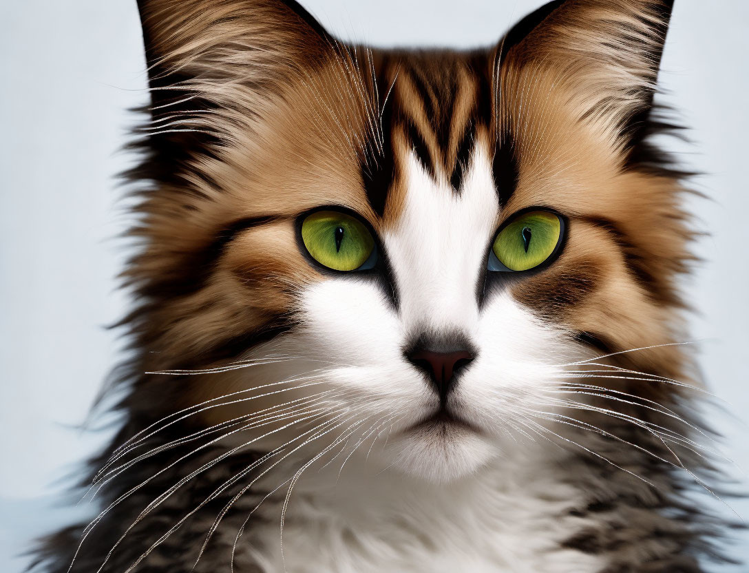 Fluffy cat with green eyes and striped fur close-up