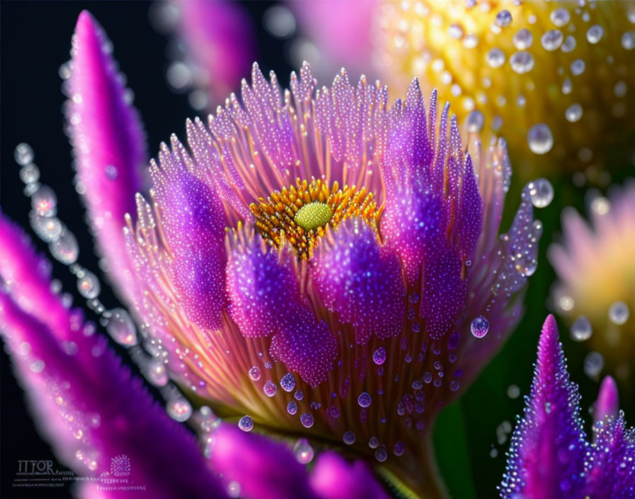 Vibrant pink flower with dewdrops, blurred yellow flower in background