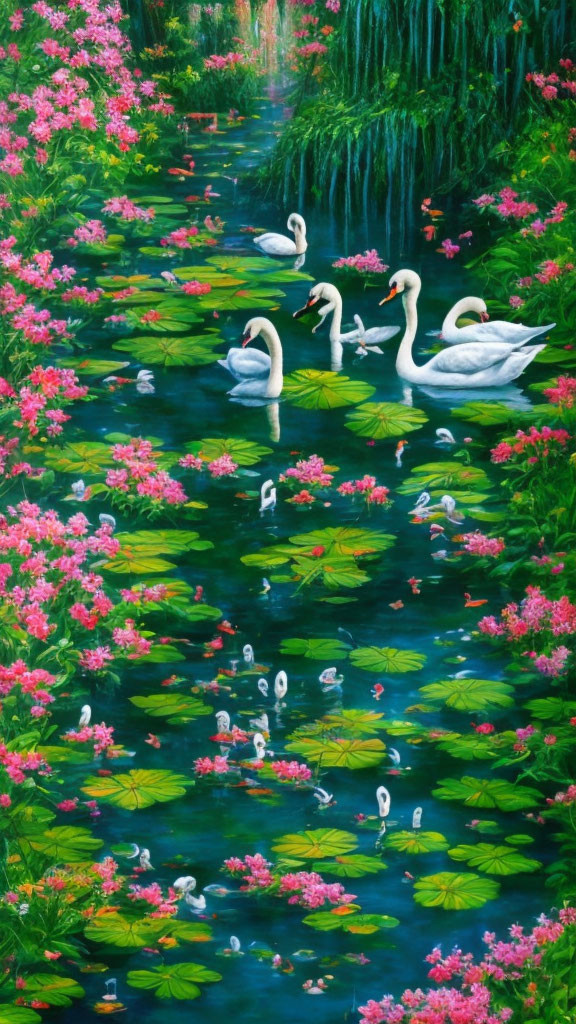 Tranquil painting of swans on vibrant river with lush greenery