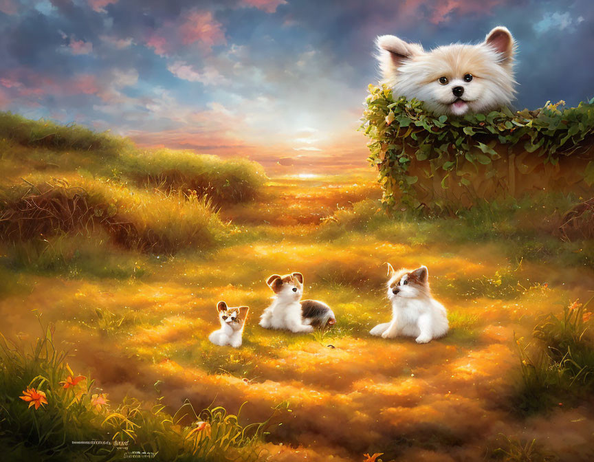 White fluffy dog watching three puppies in a sunset setting among flowers and grass