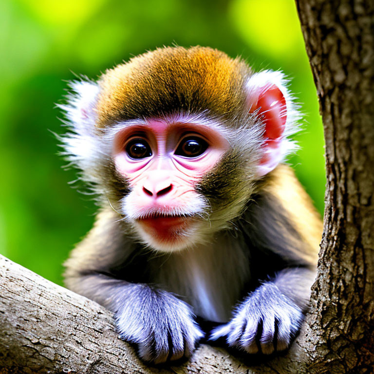 Curious young monkey with large eyes in lush green setting