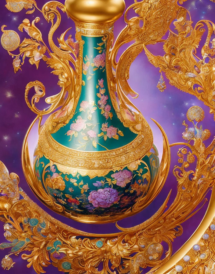 Intricate Golden Vase with Floral Designs on Purple Starry Background