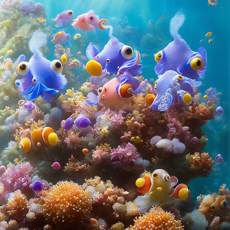 Vibrant Cartoon Fish and Coral in Colorful Underwater Scene