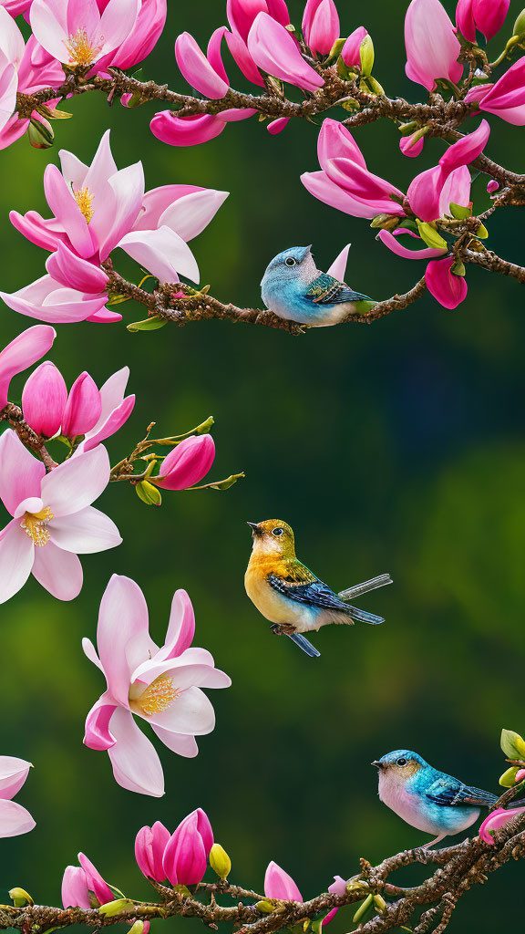 Colorful Small Birds Perched Among Pink Magnolia Blossoms